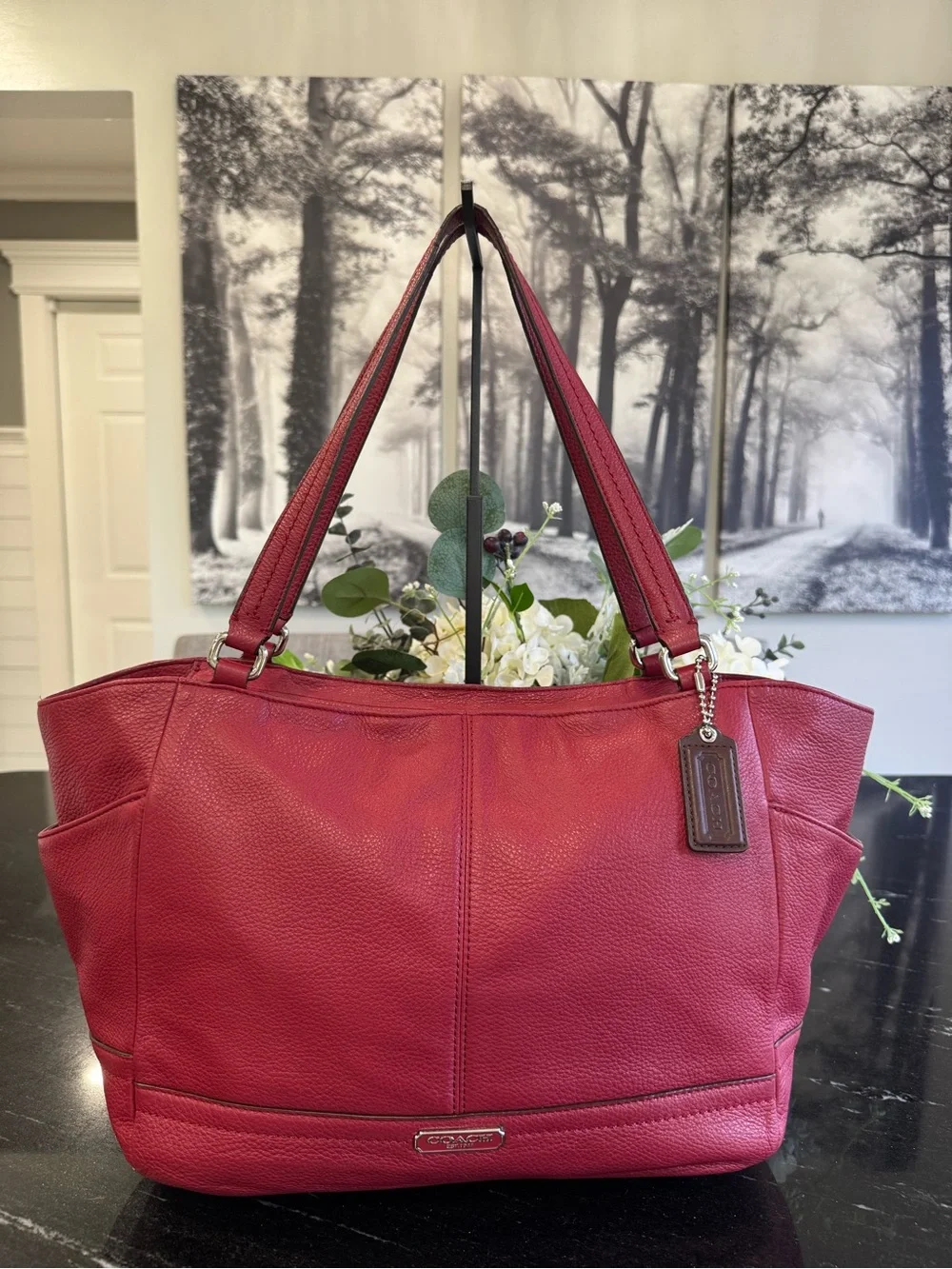 ♥️Coach Pebbled Leather Tote in Cranberry Red